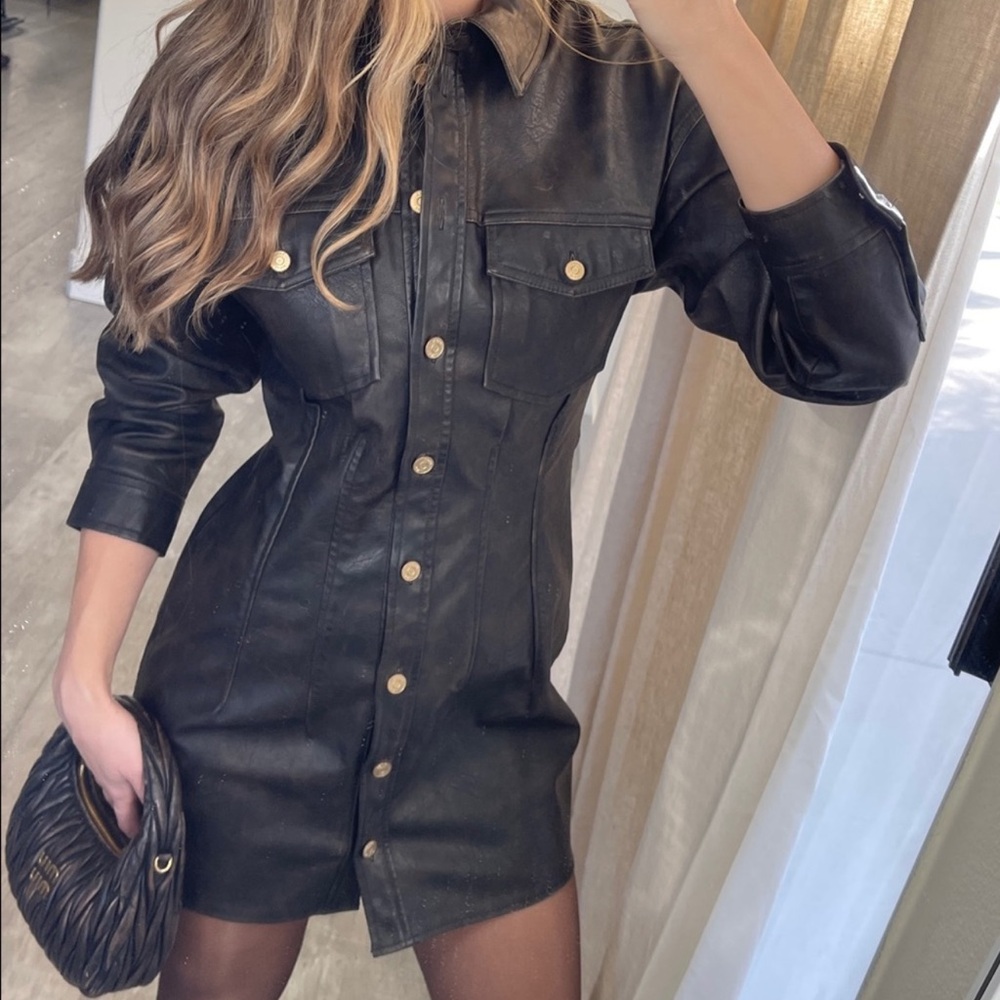 NWOT ZARA Dark Brown Faux Leather Gold Button Mini Dress Size Medium - Picture 4 of 9
